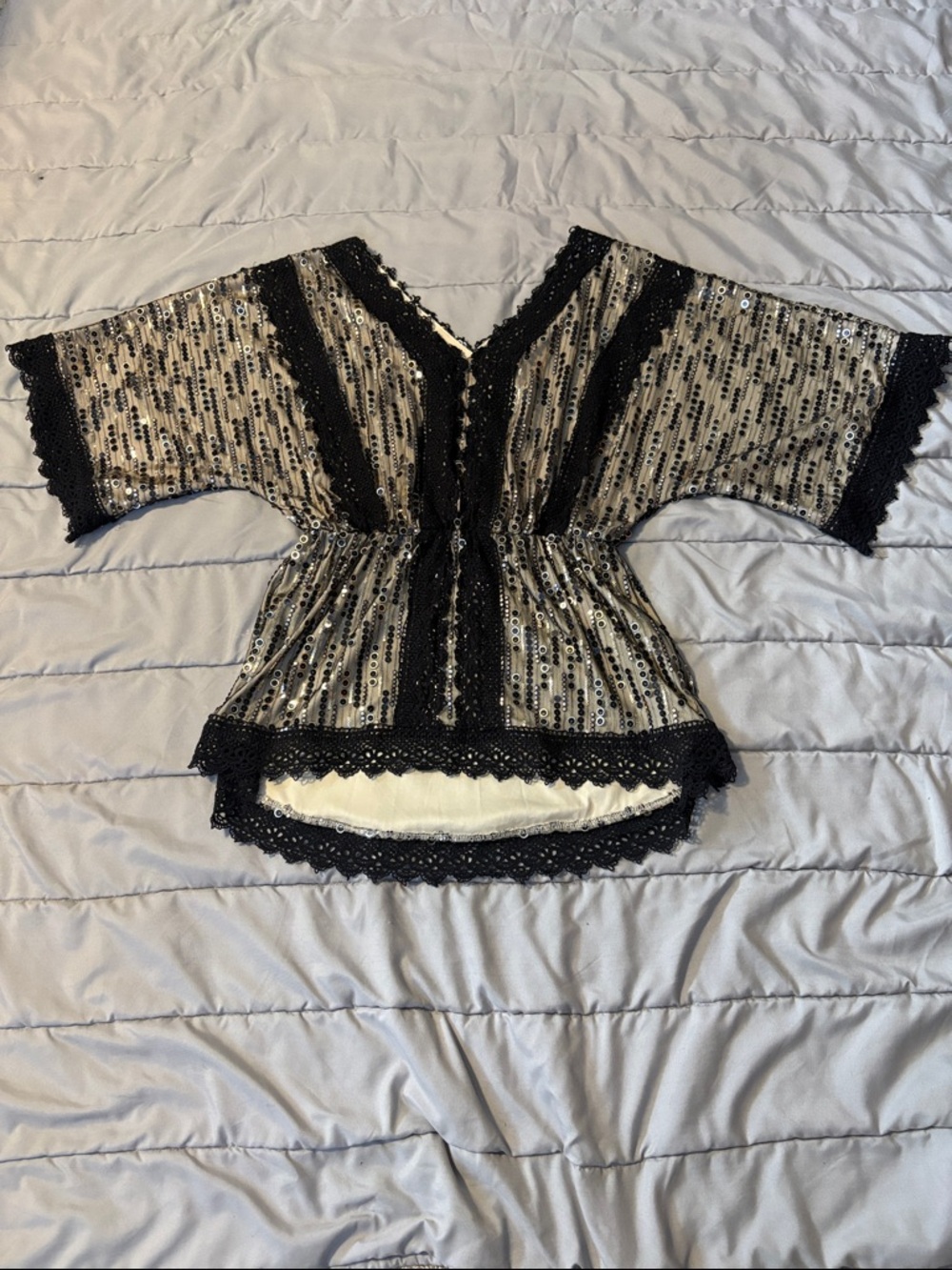 Beaded Black and Cream Lace-Trim Women's Top
